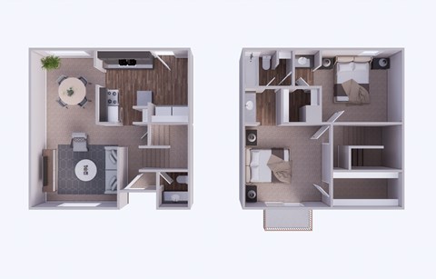 Two floor plans of a house with a kitchen and living room.